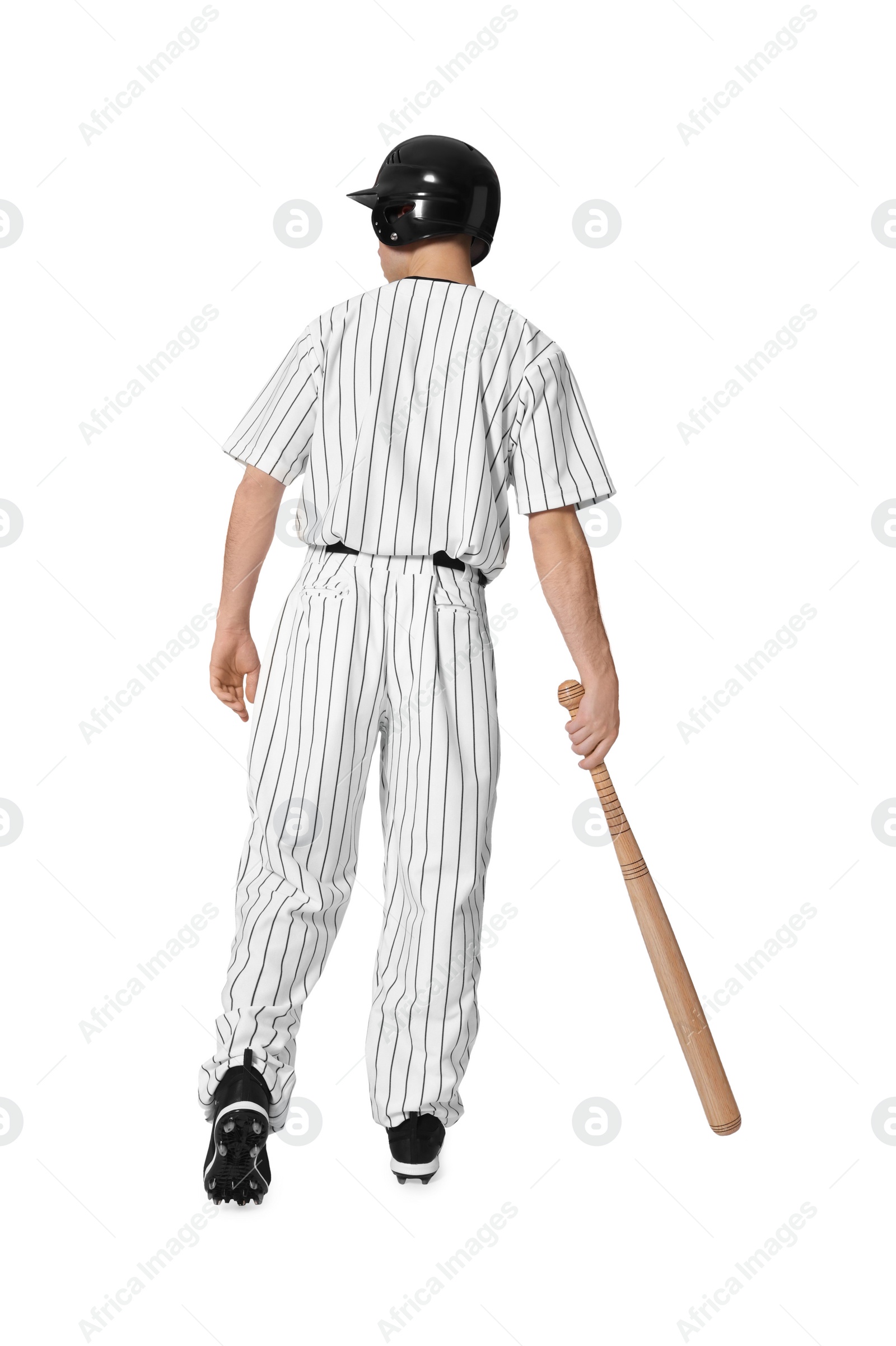 Photo of Baseball player with bat on white background, back view