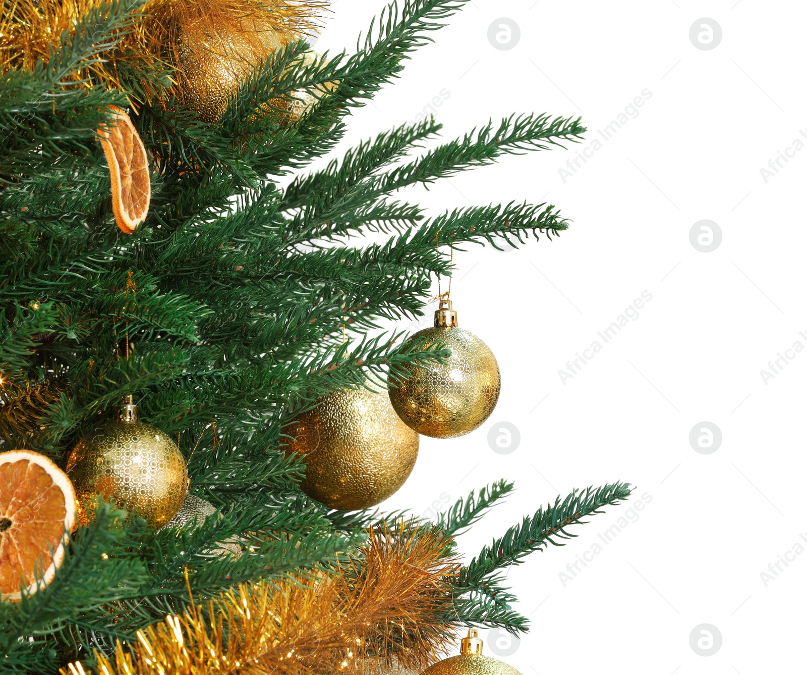 Photo of Beautiful Christmas tree decorated with ornaments isolated on white