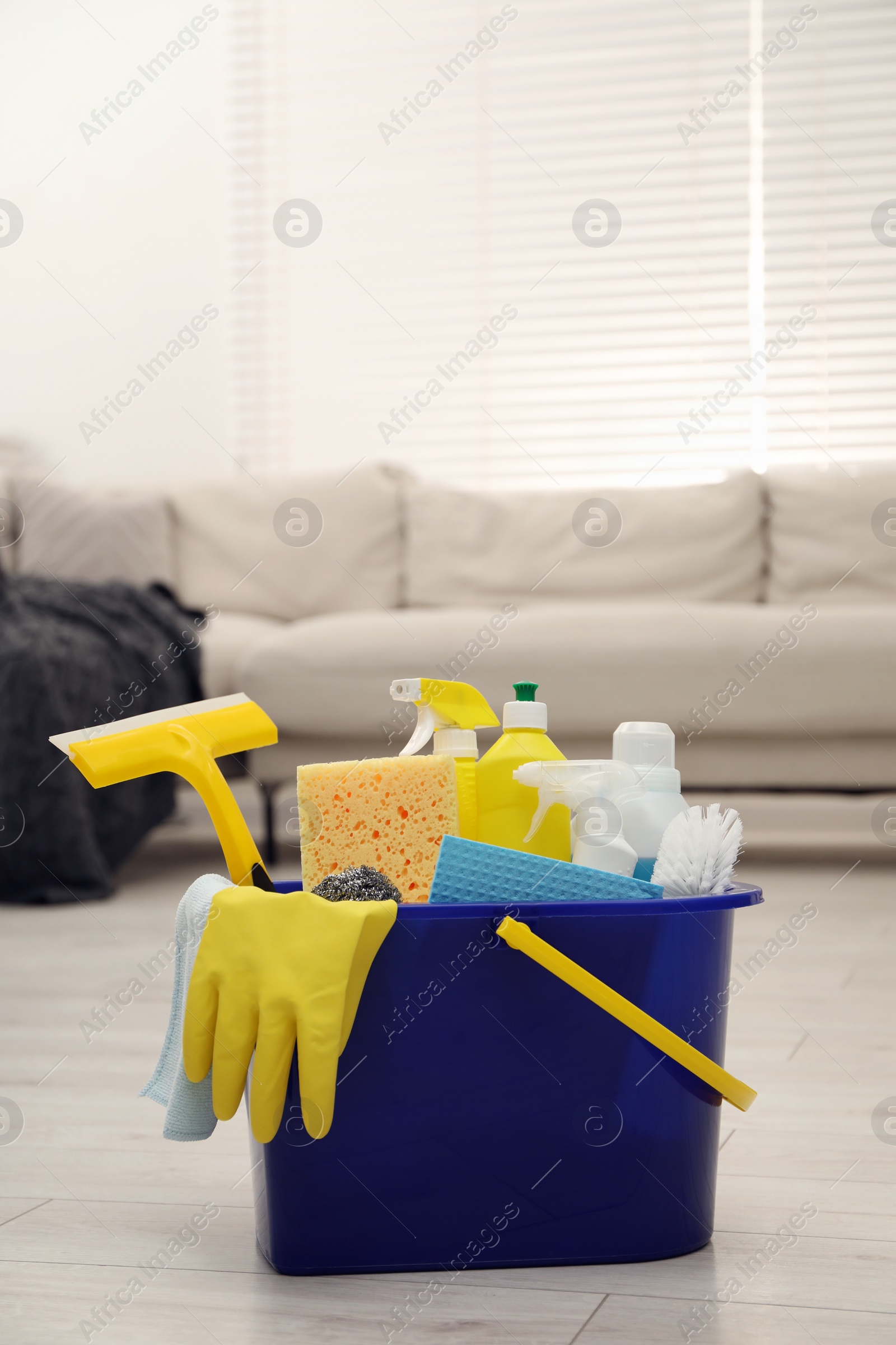 Photo of Different cleaning supplies in bucket on floor at home