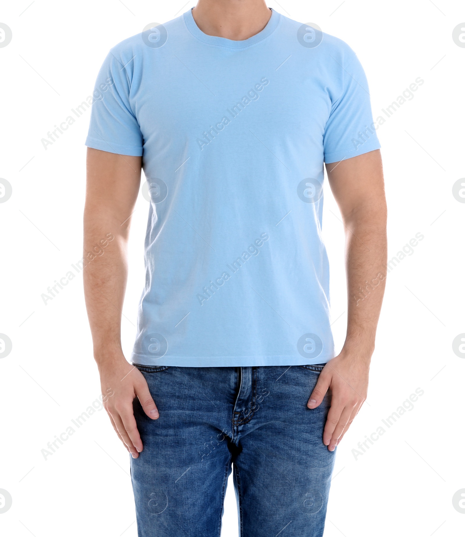 Photo of Young man on white background, closeup. Weight loss