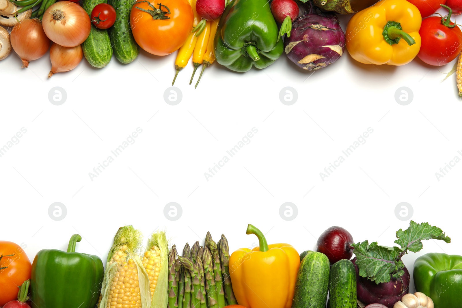 Photo of Assortment of fresh vegetables on white background, top view. Space for text