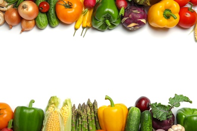 Assortment of fresh vegetables on white background, top view. Space for text