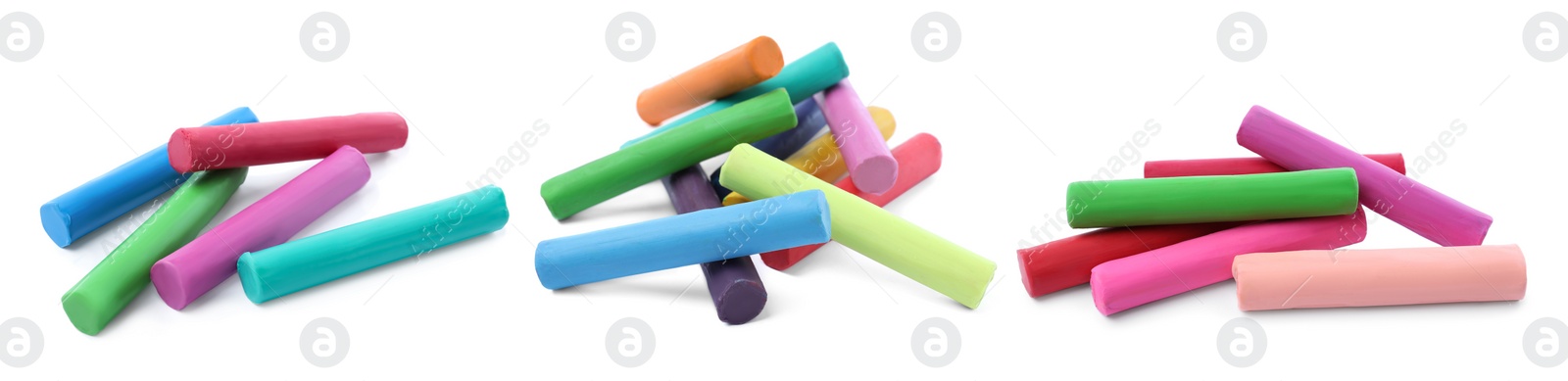 Image of Set with different colorful plasticine pieces on white background. Banner design 