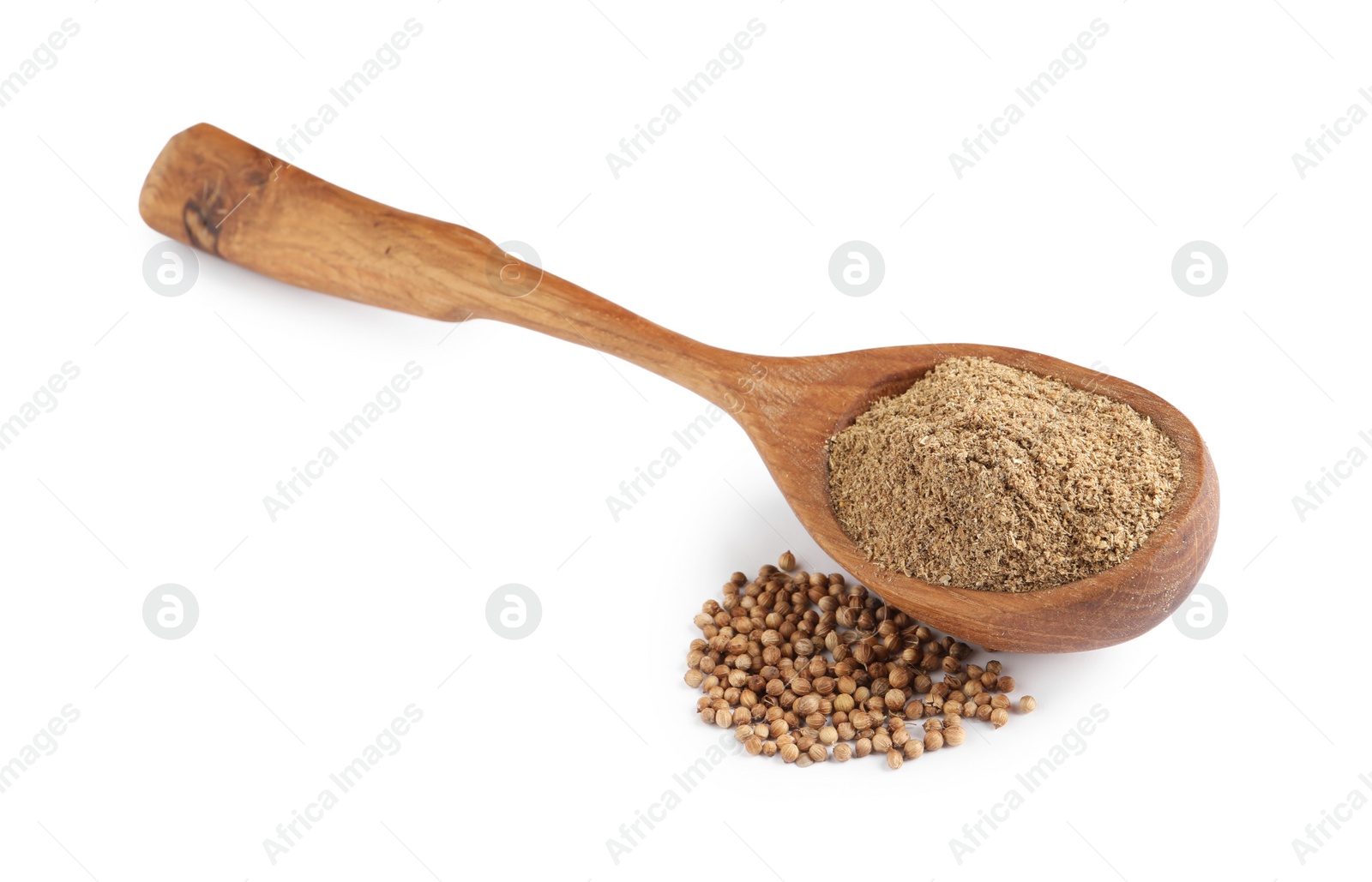 Photo of Wooden spoon with powdered coriander and corns on white background