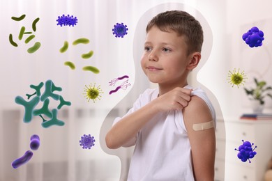 Image of Boy with strong immunity due to vaccination surrounded by viruses indoors