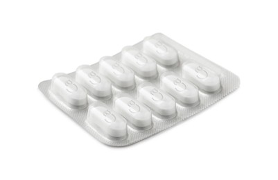 Photo of Calcium supplement pills in blister pack on white background