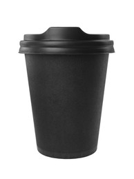 Photo of Black paper cup with plastic lid isolated on white. Coffee to go