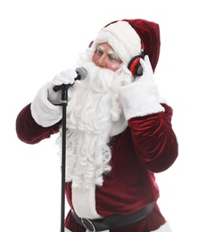 Santa Claus with headphones and microphone on white background. Christmas music