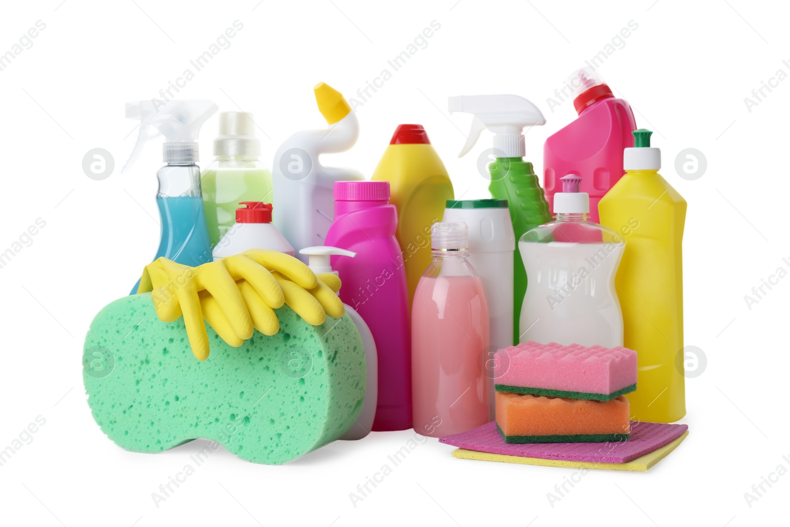 Photo of Set of different cleaning supplies on white background