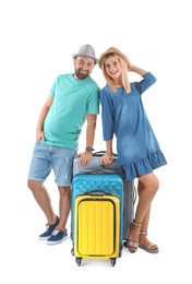 Couple with suitcases on white background. Vacation travel