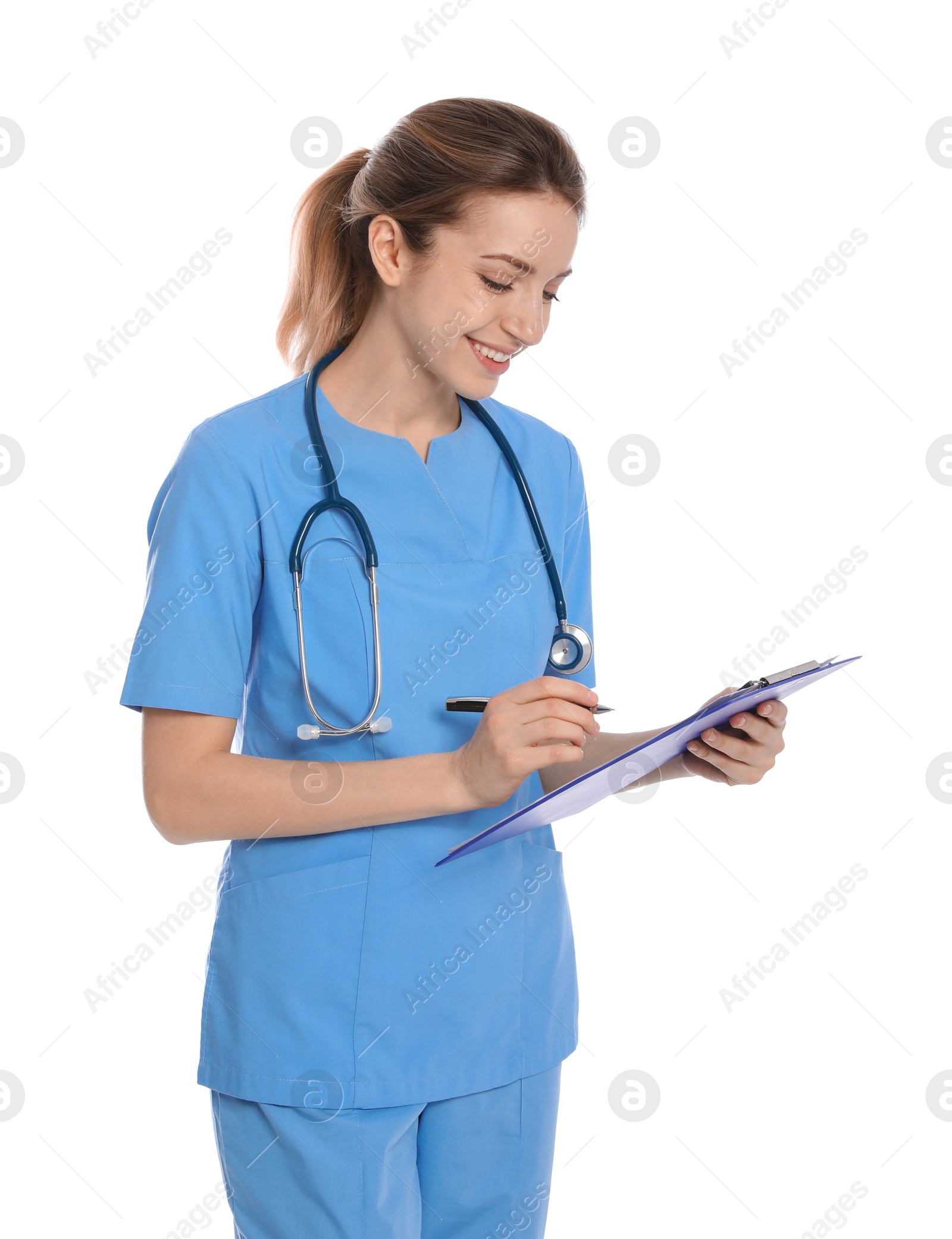 Photo of Portrait of medical doctor with clipboard and stethoscope isolated on white