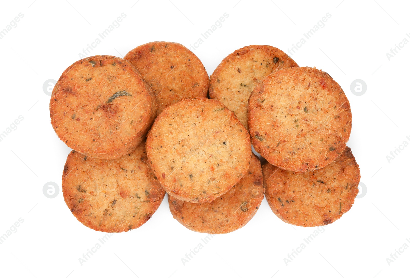 Photo of Delicious vegan cutlets on white background, top view