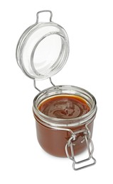 Tasty barbecue sauce in glass jar isolated on white