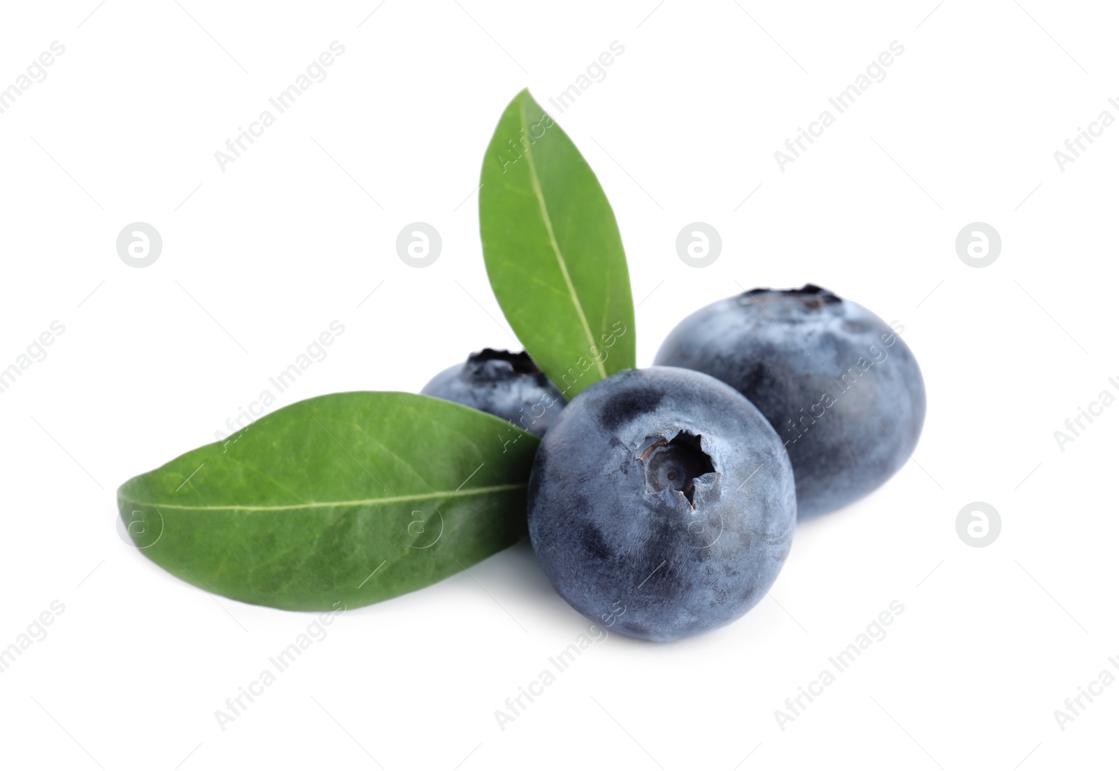 Photo of Fresh ripe blueberries with leaves on white background