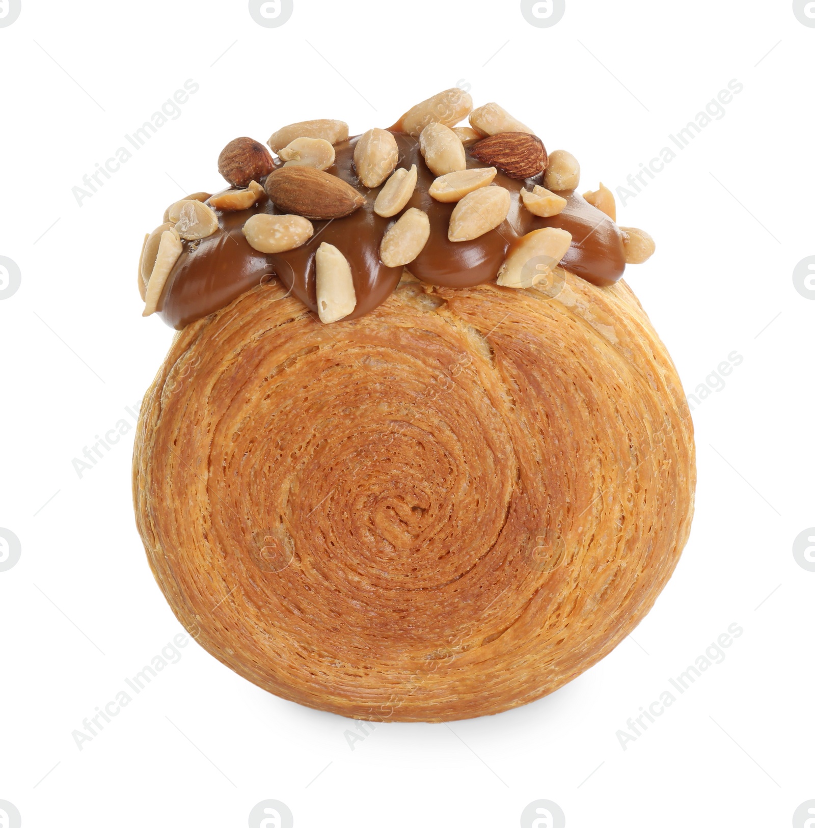 Photo of Round croissant with chocolate paste and nuts isolated on white. Tasty puff pastry