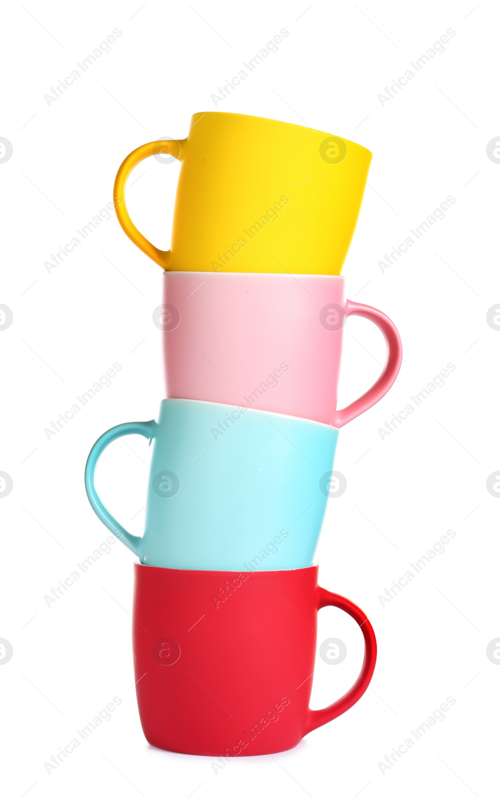 Photo of Different colorful cups on white background