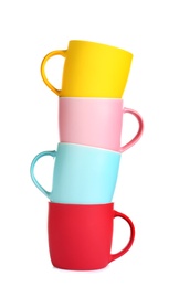 Different colorful cups on white background