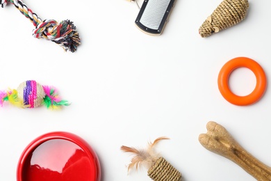 Flat lay composition with accessories for cat and dog on white background. Pet care