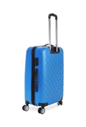 Photo of Blue suitcase for travelling on white background