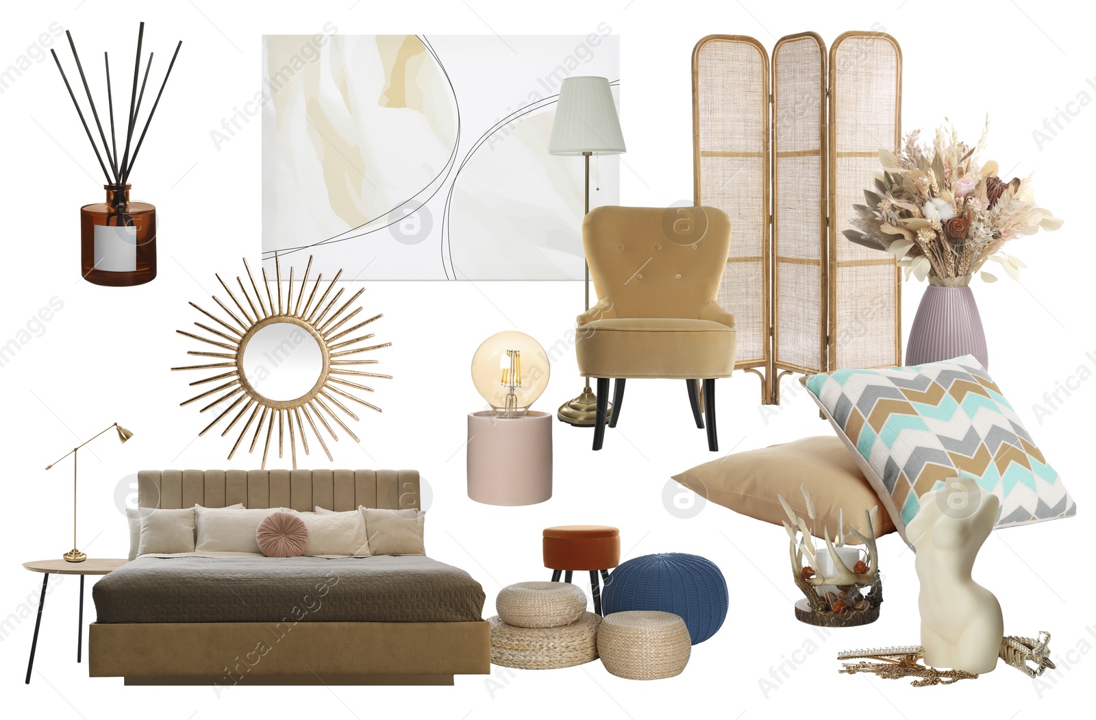 Image of Bedroom interior design. Collage with different combinable furniture and decorative elements on white background