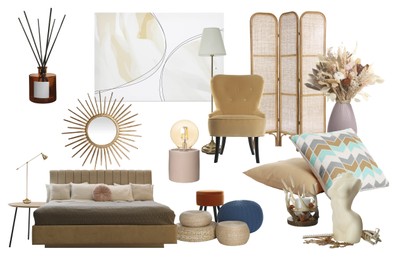 Image of Bedroom interior design. Collage with different combinable furniture and decorative elements on white background