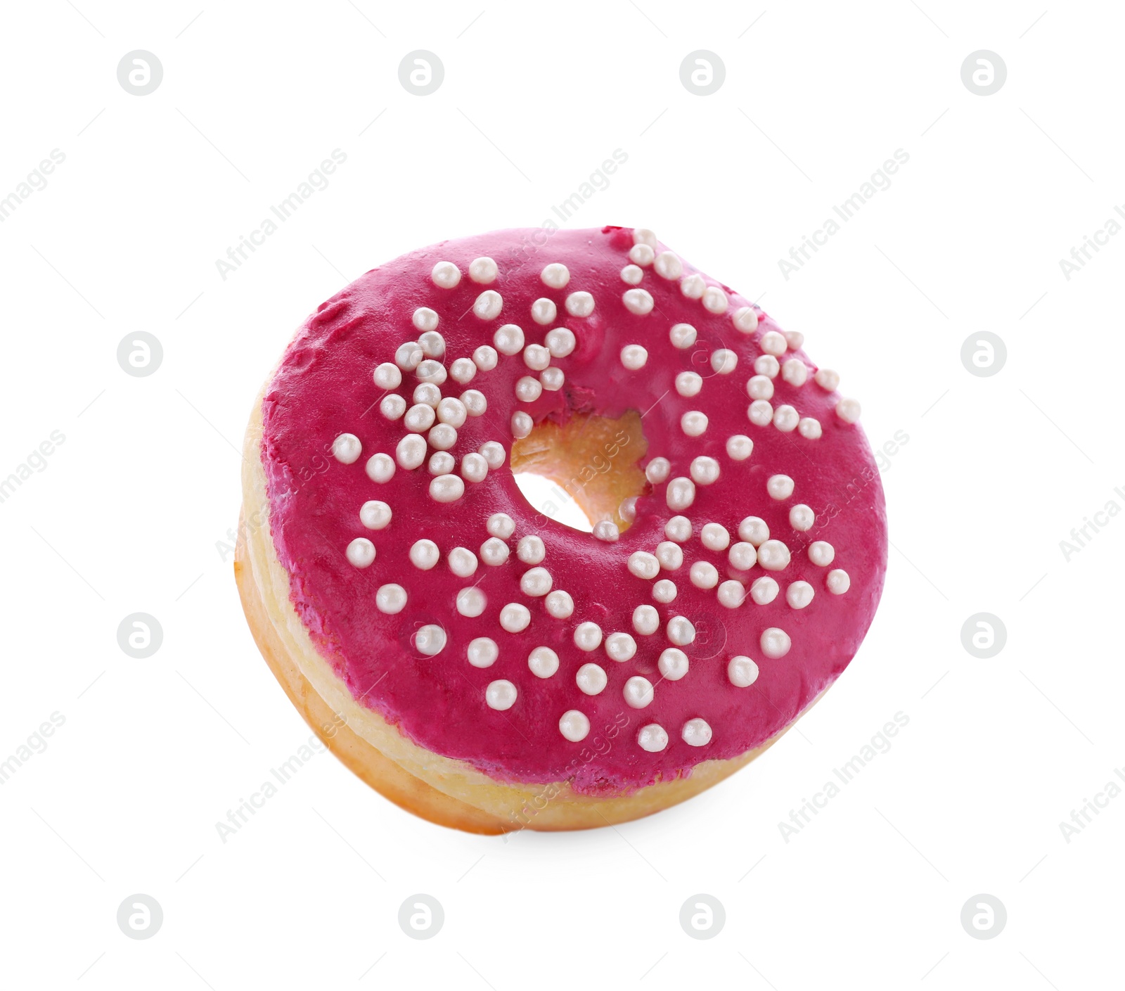 Photo of Tasty glazed donut decorated with sprinkles on white background