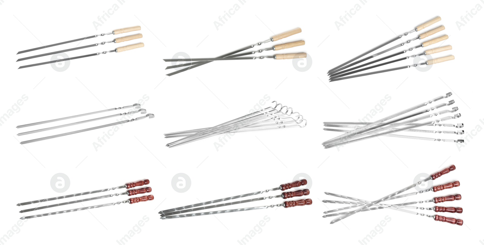 Image of Set with metal skewers on white background. Banner design