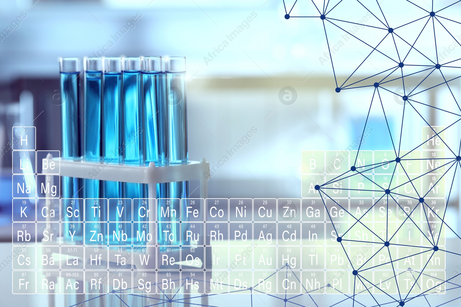 Image of Studying chemistry. Periodic table and test tubes, double exposure