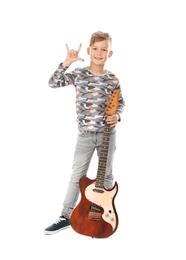Photo of Cute little boy with electric guitar, isolated on white