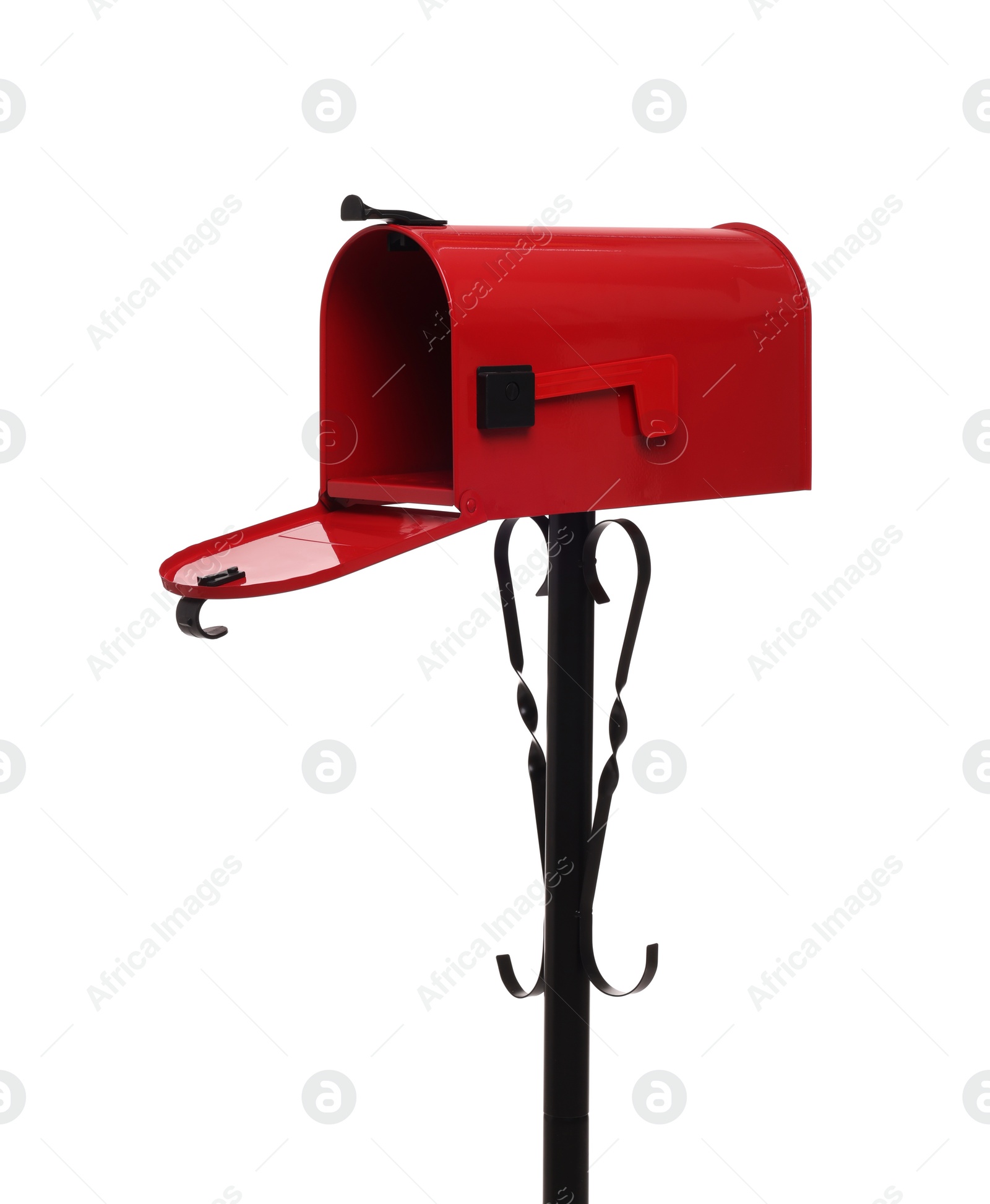 Photo of One open red mailbox isolated on white