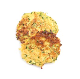 Photo of Delicious zucchini fritters on white background, top view