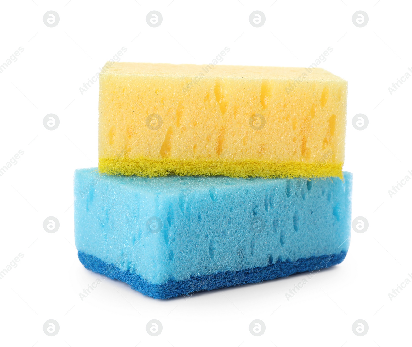 Photo of Bright cleaning sponges with abrasive scourers on white background