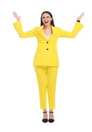 Photo of Beautiful businesswoman in yellow suit on white background