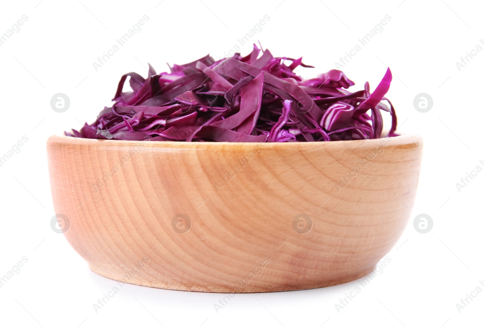 Photo of Bowl with chopped red cabbage on white background