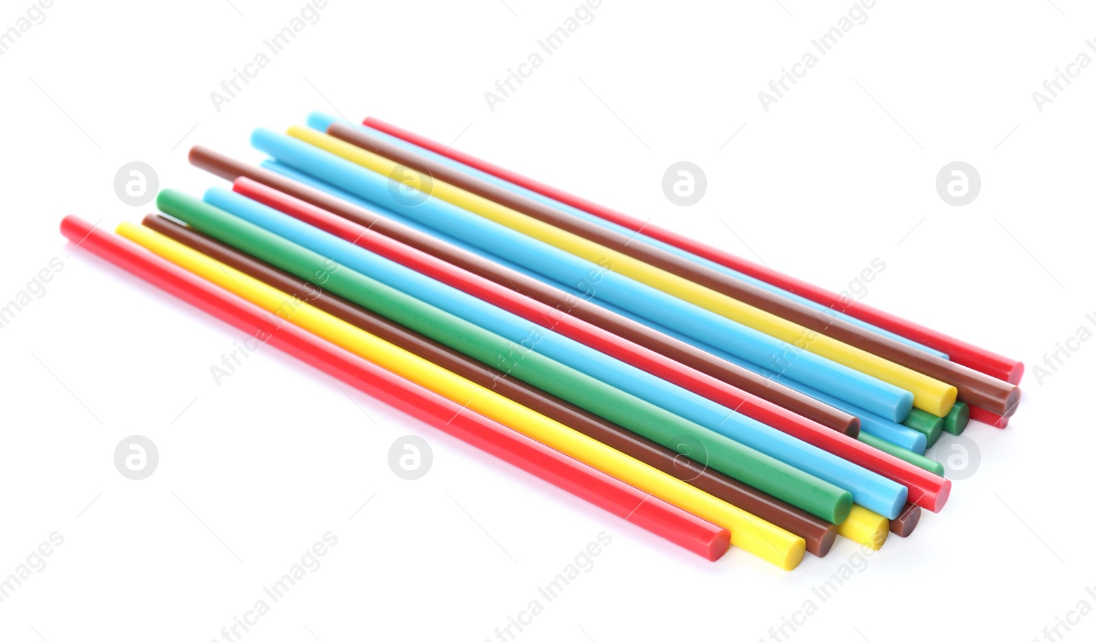 Photo of Many colorful glue sticks on white background