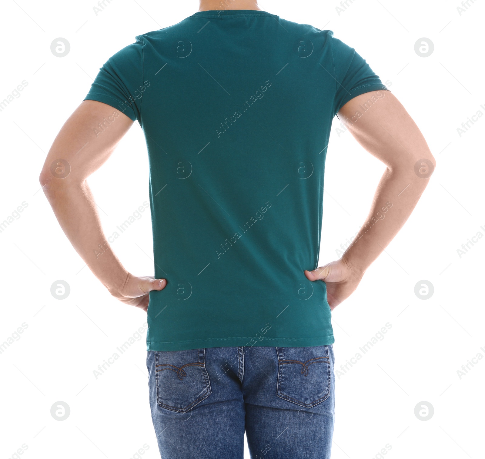 Photo of Young man on white background, closeup. Weight loss