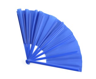 Bright blue hand fan isolated on white, top view