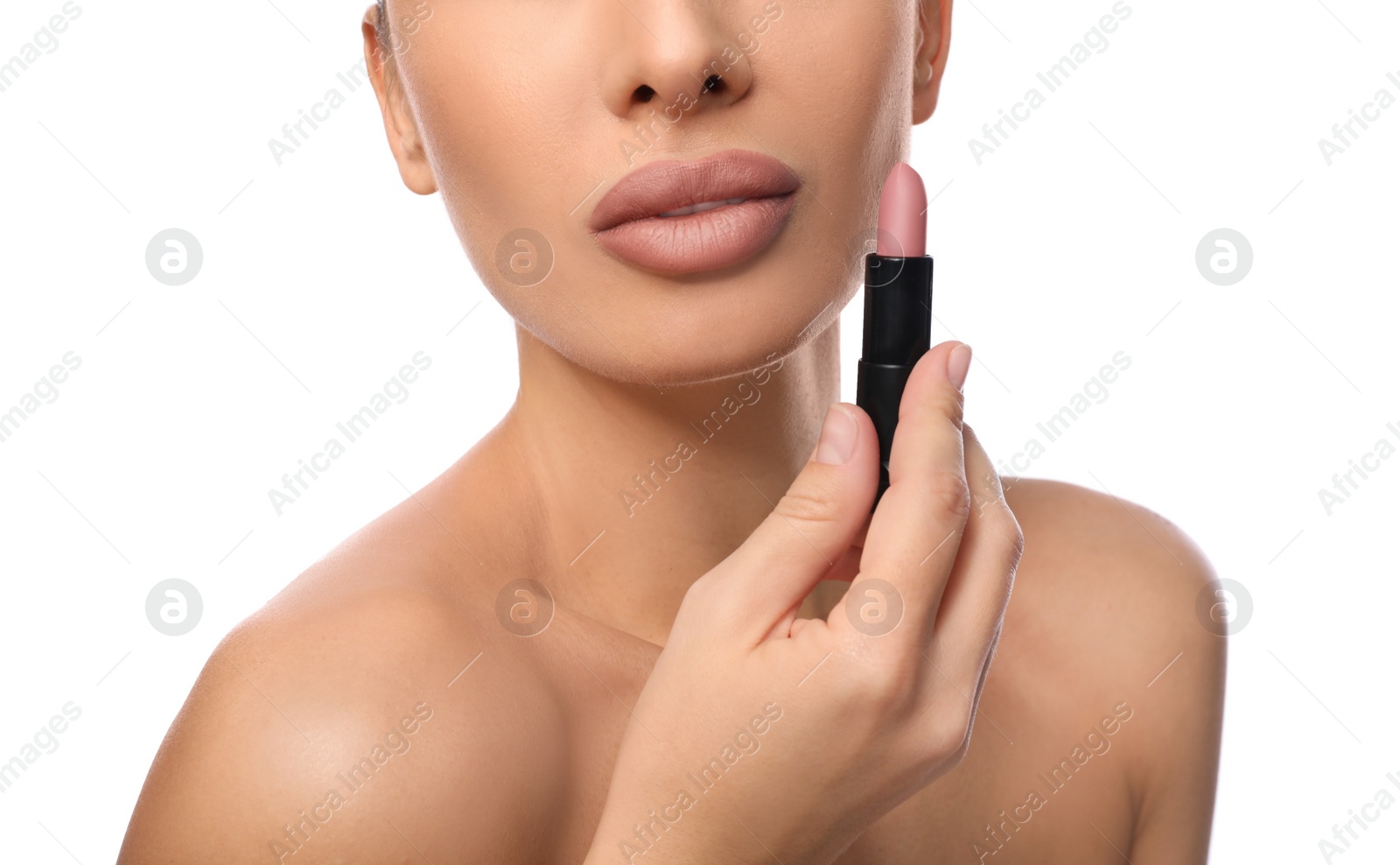 Photo of Woman with pink lipstick on white background, closeup