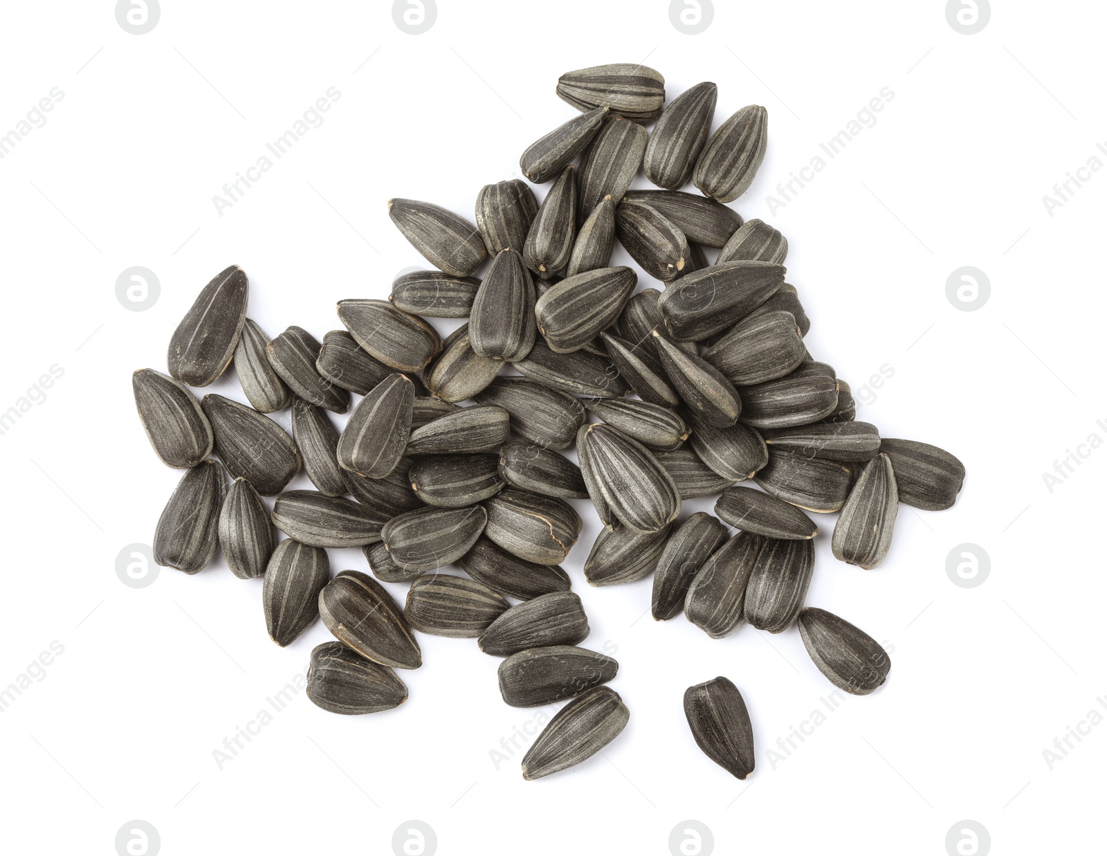 Photo of Raw sunflower seeds on white background, top view