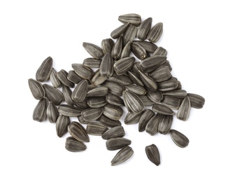 Photo of Raw sunflower seeds on white background, top view