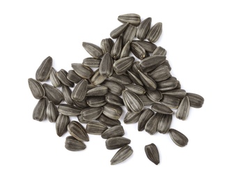 Raw sunflower seeds on white background, top view