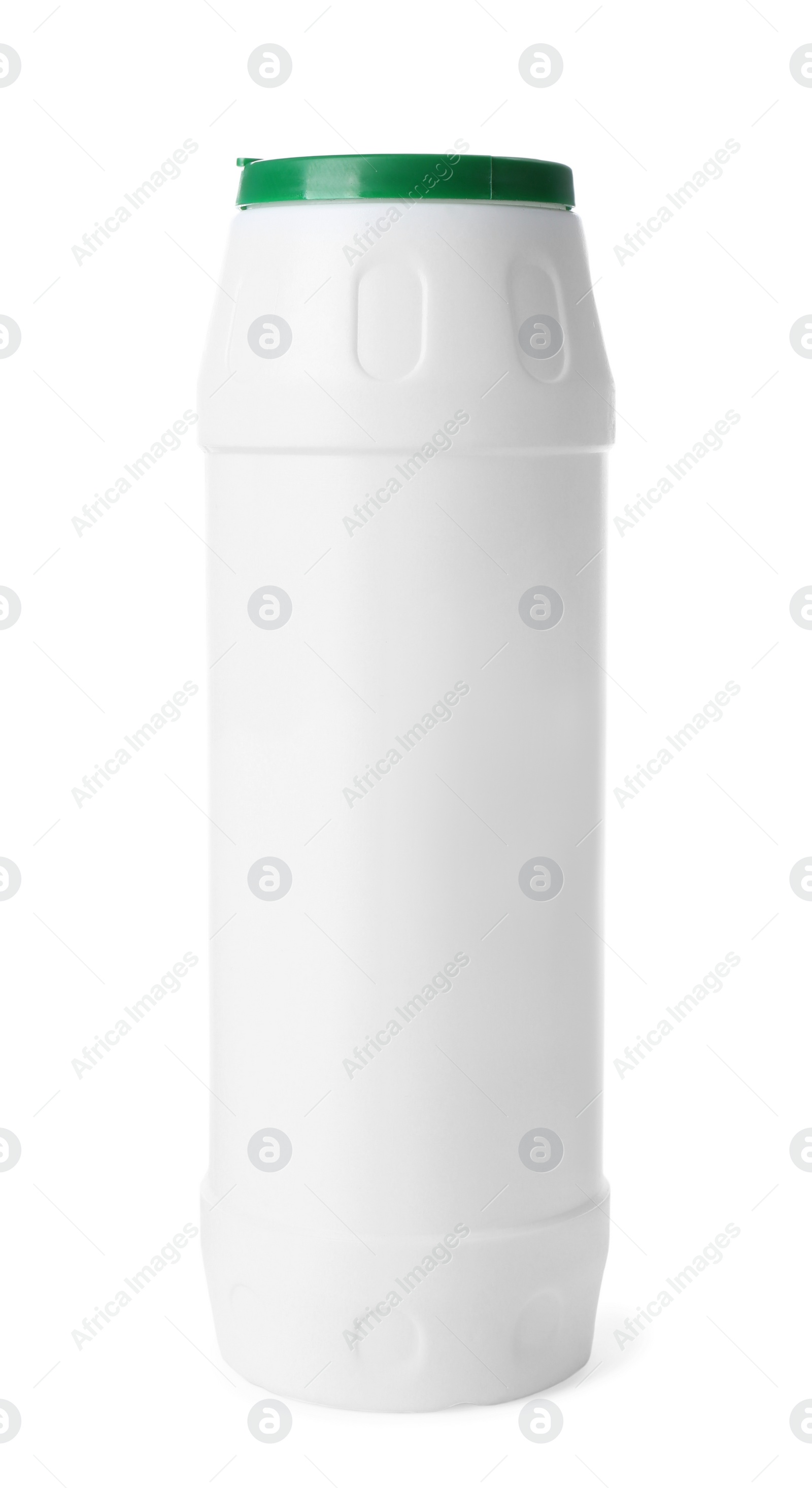 Photo of Bottle of cleaning powder isolated on white