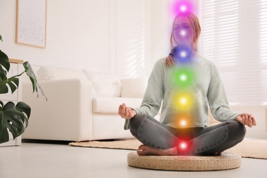 Image of Woman meditating on wicker mat at home. Scheme of seven chakras, illustration