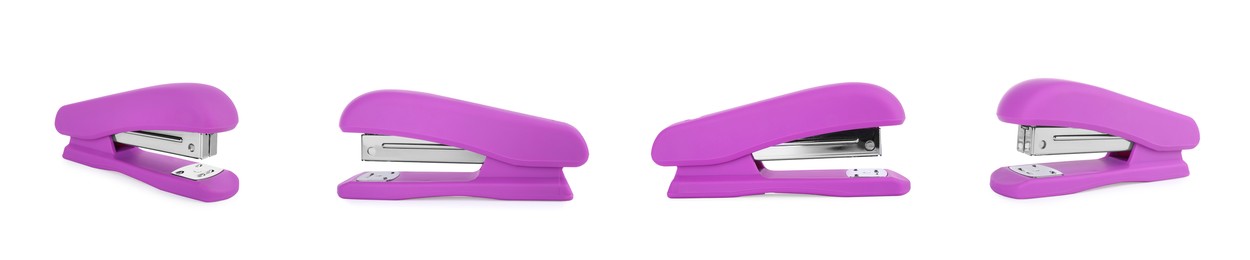 Image of Violet stapler isolated on white, different sides