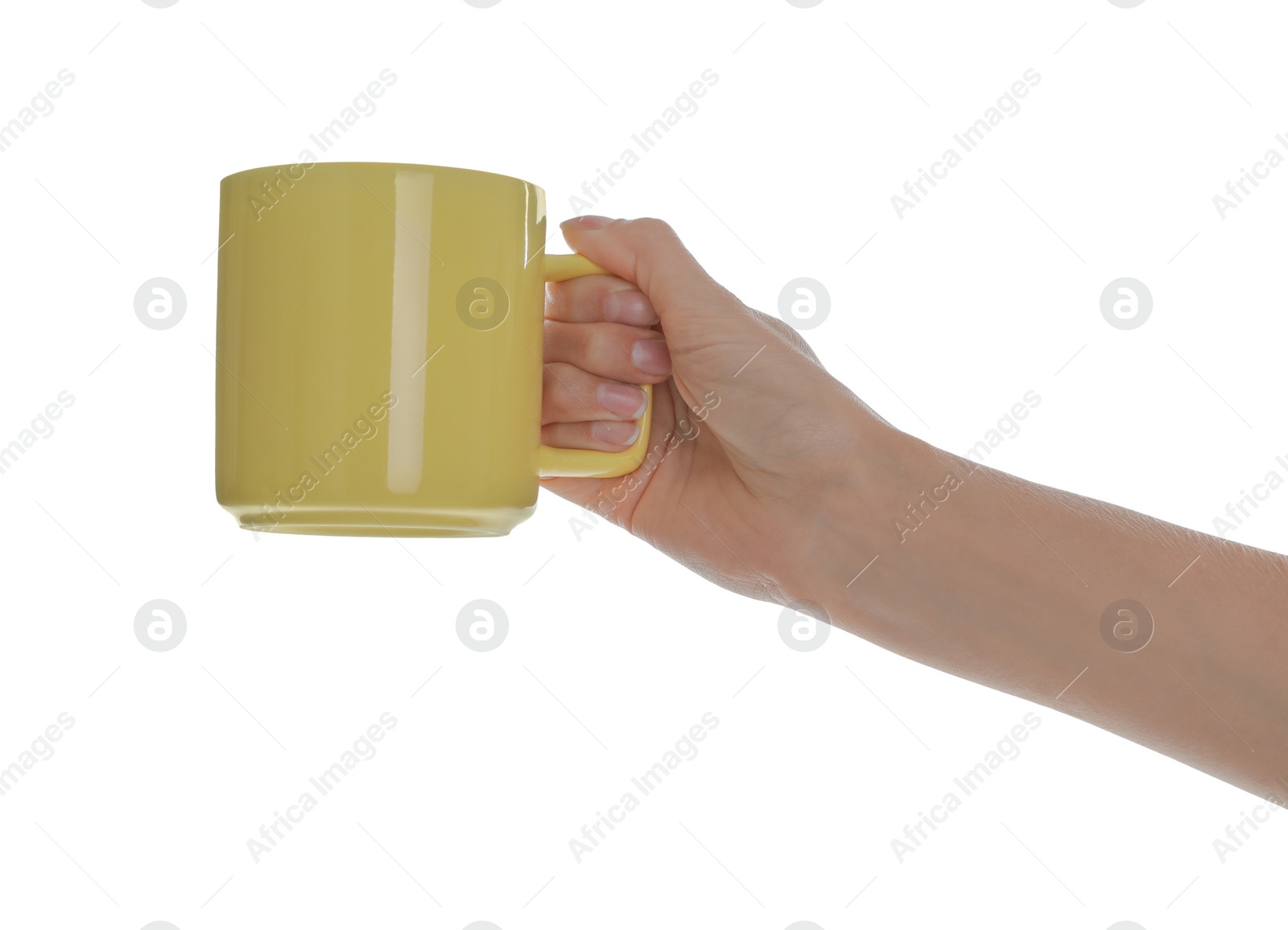 Photo of Woman holding elegant yellow cup on white background, closeup