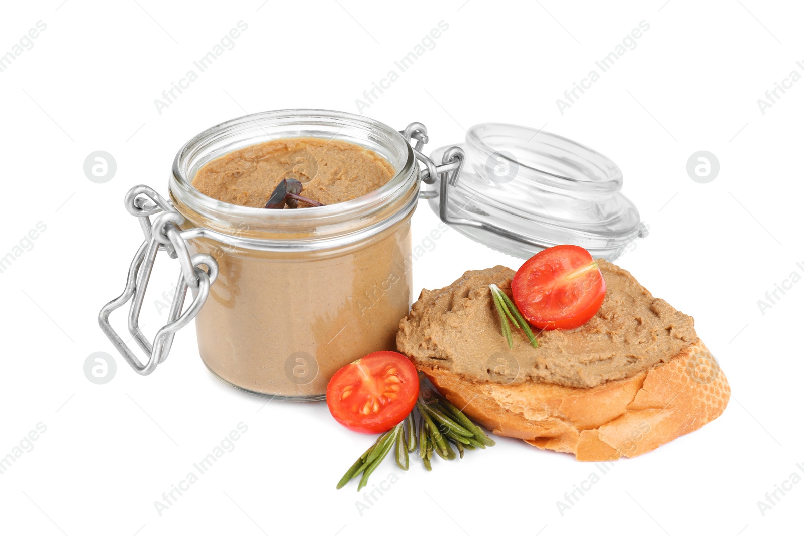 Photo of Fresh bread and glass jar with delicious liver pate on white background