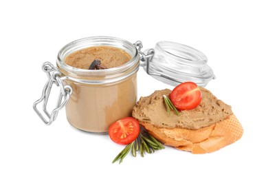 Photo of Fresh bread and glass jar with delicious liver pate on white background