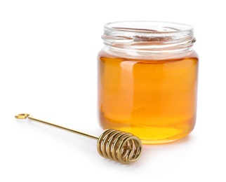 Photo of Jar with delicious honey and dipper on white background