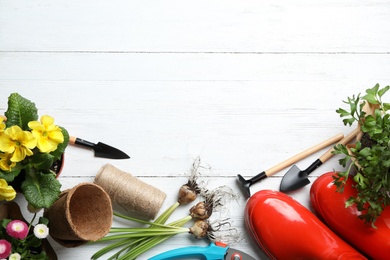 Photo of Flat lay composition with gardening equipment and space for text on wooden background