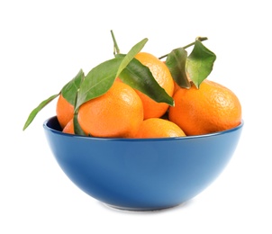 Bowl with tasty ripe tangerines on white background